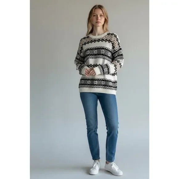 Hollister Women’s S Small Oversized Crewneck Sweater Fair Isle Cream Black Tan - Picture 3 of 14